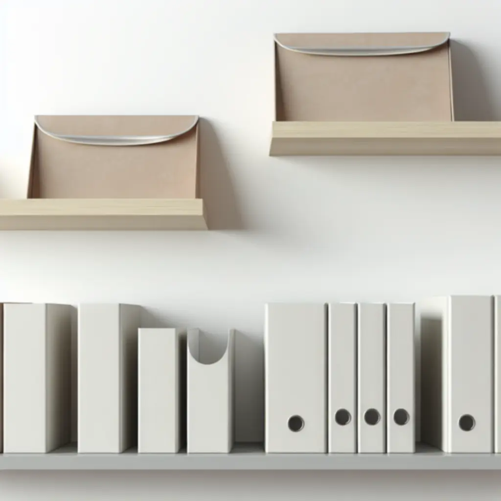 Mappák és iratrendszerezők polcon és íróasztalon elhelyezve.