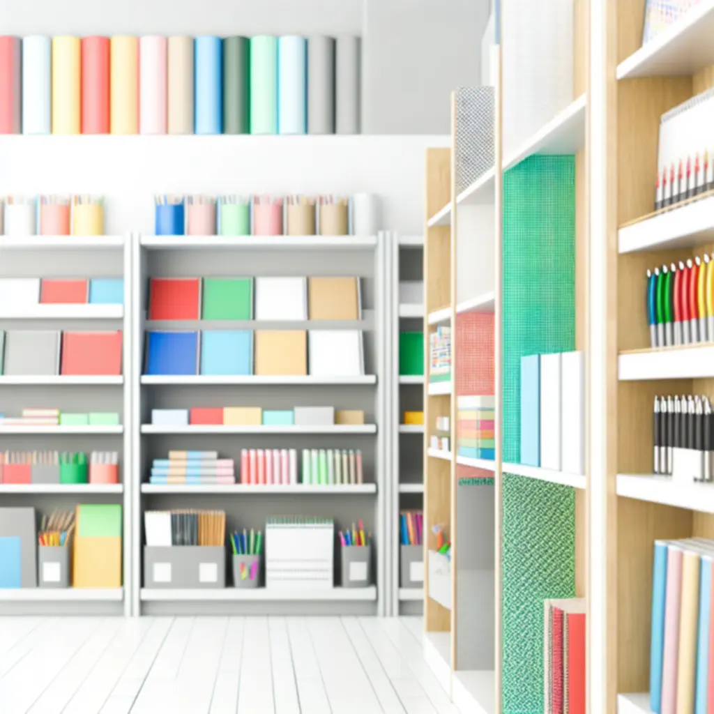 Prémium iskolai papír-írószerek válogatása rendezett polcokon