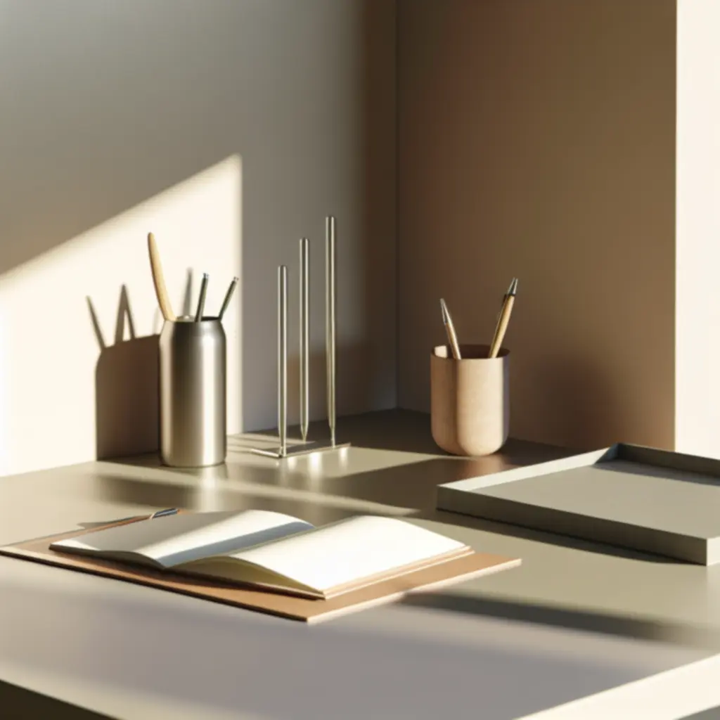 Minimalista, rendezett íróasztal papírokkal és írószerekkel