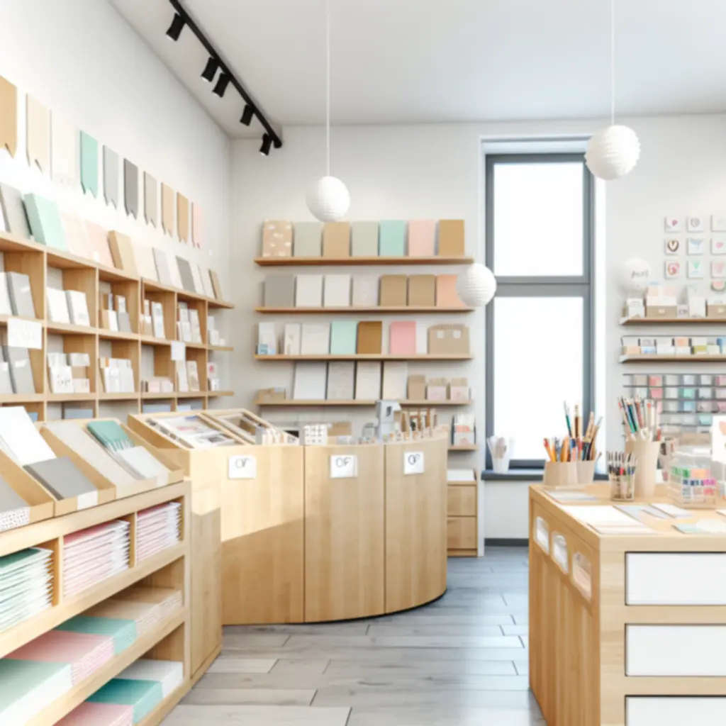 Modern, letisztult és barátságos papír-írószer üzlet belső tere