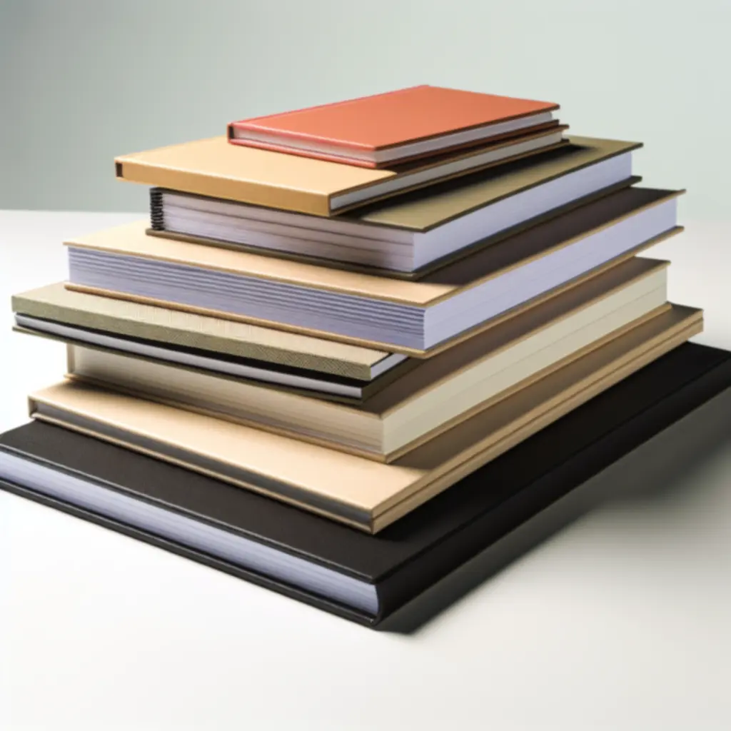 Egymásra helyezett prémium füzetek különböző méretekben és természetes borításokkal.