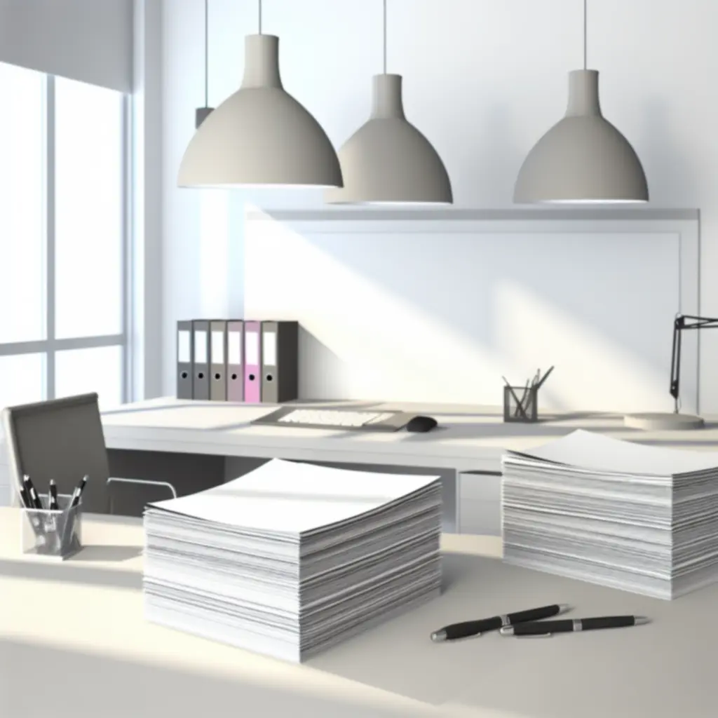 Különböző méretű és vastagságú irodai és nyomtatópapírok rendezett csoportban