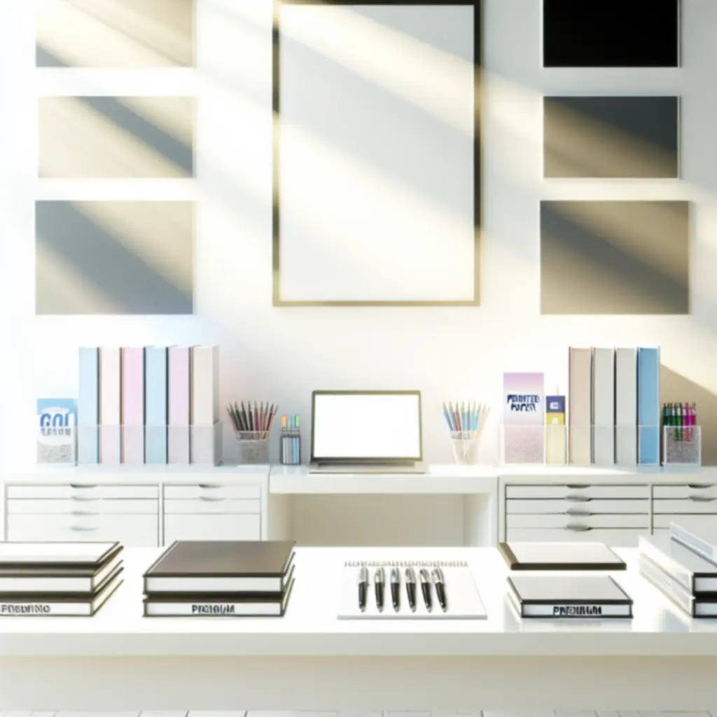 Ízlésesen elrendezett papír-írószer kategóriák egy világos íróasztalon.